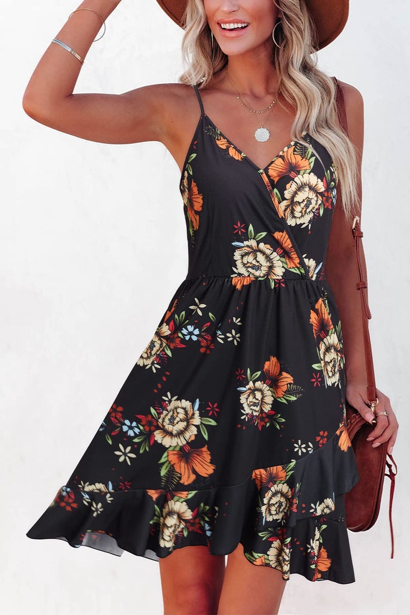 ULTRANICE Summer Dresses Womens Sun Dress Trendy Casual Spring Floral Flowy Semi Formal Midi Beach Vacation Outfits Clothes Ruffle Hem V Neck Spaghetti Strap Dress(Black Orange White Floral,XL) - Image 2